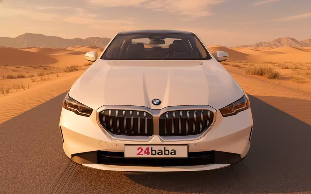 Bmw 520 2024 White front view with headlights – rental in Dubai