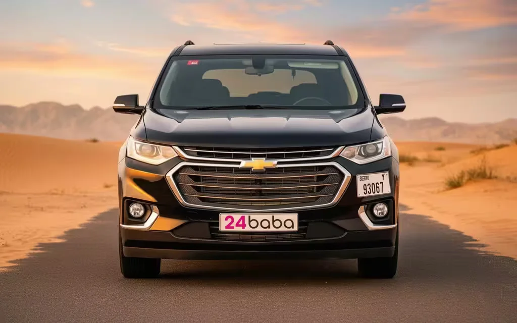 Chevrolet Traverse 2021 Black front view with headlights – rental in Dubai