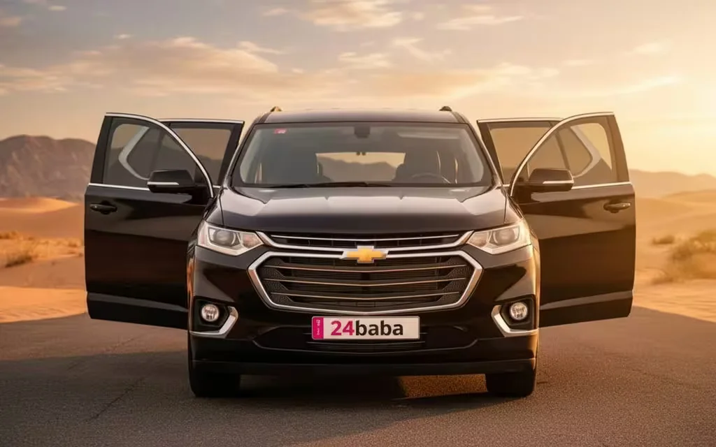 Chevrolet Traverse 2021 Black parked outdoor scene – rental in Dubai