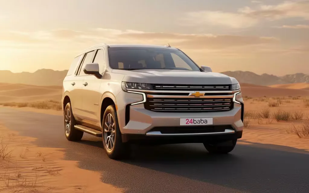 Chevrolet Tahoe 2021 Grey front view with headlights – rental in Dubai