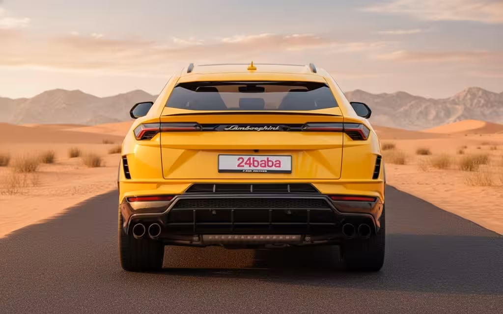 Lamborghini Urus 2024 Yellow rear view showing taillights – rental in Dubai