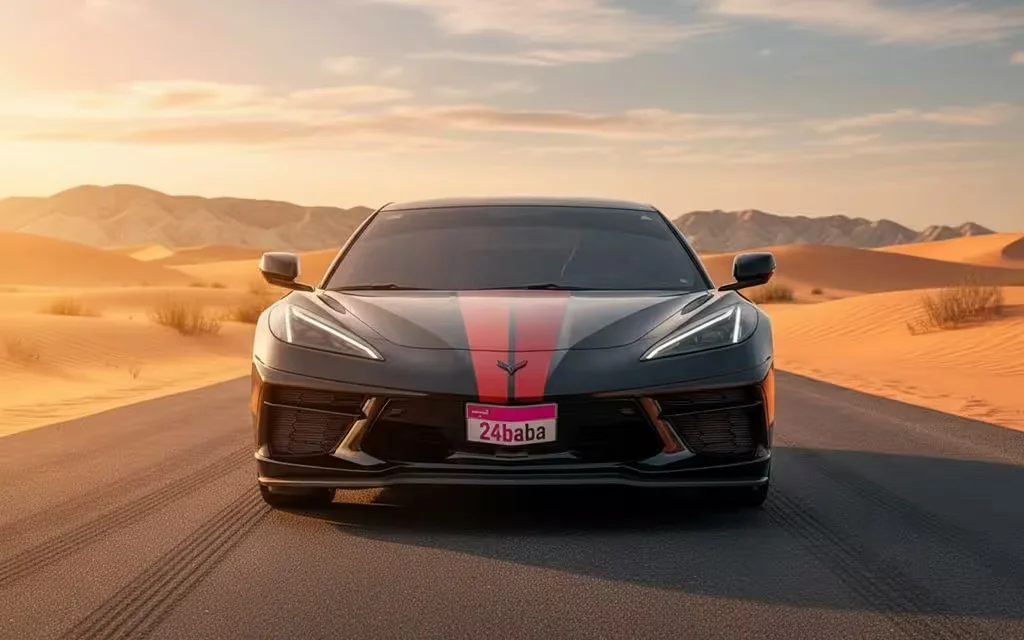 Chevrolet Corvette 2021 Black front view with headlights – rental in Dubai