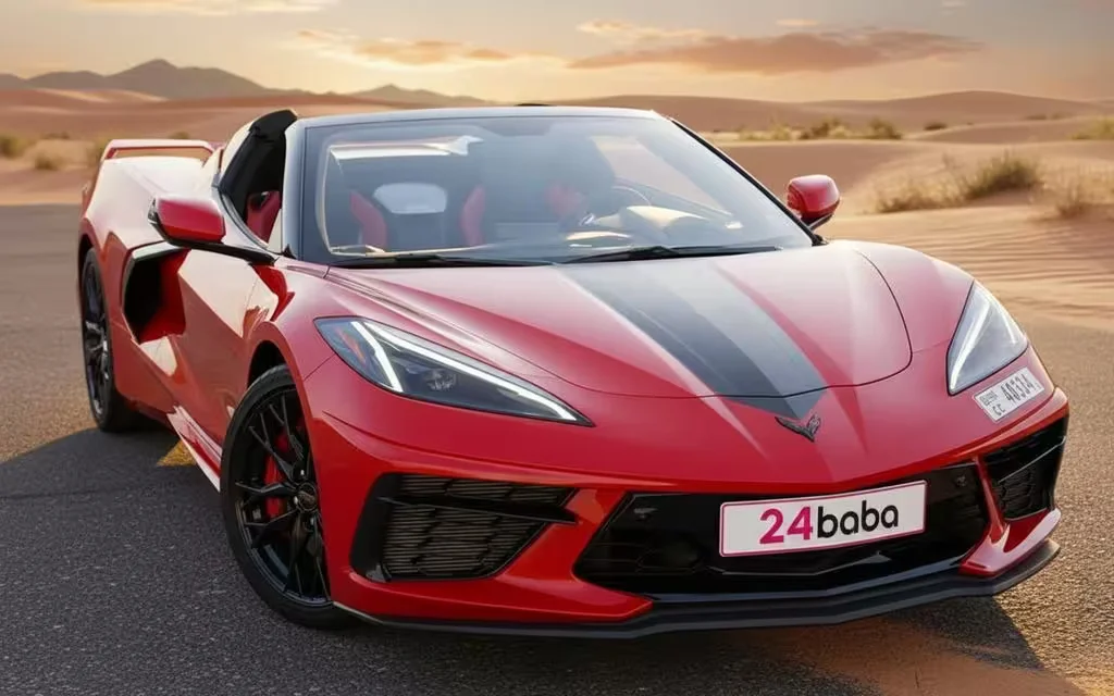 Chevrolet Corvette 2023 Red parked outdoor scene – rental in Dubai