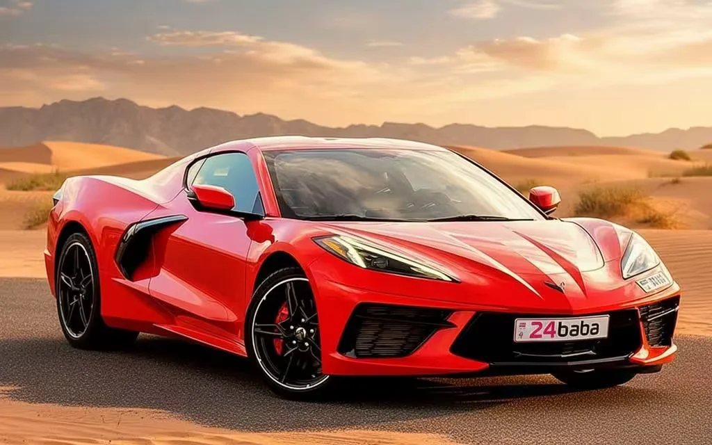 Chevrolet Corvette 2023 Red front view with headlights – rental in Dubai