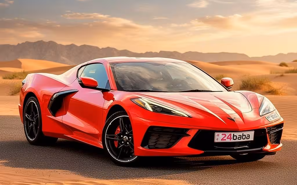 Chevrolet Corvette 2023 Red front view with headlights – rental in Dubai