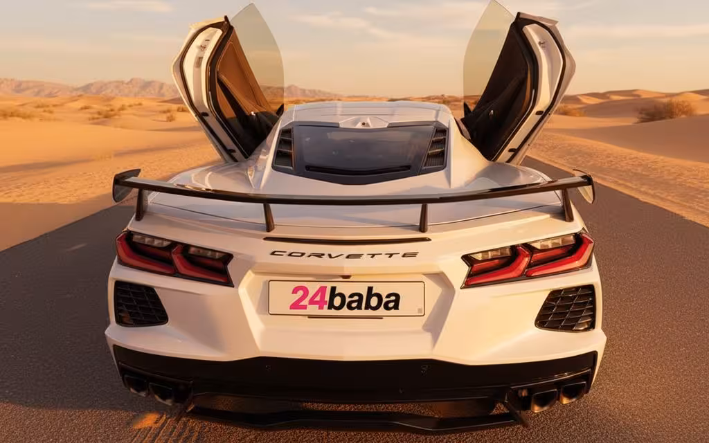 Chevrolet Corvette 2024 White rear view showing taillights – rental in Dubai