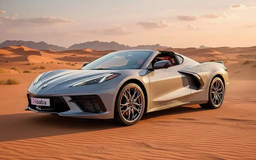 Chevrolet Corvette 2024 Grey parked outdoor scene – rental in Dubai