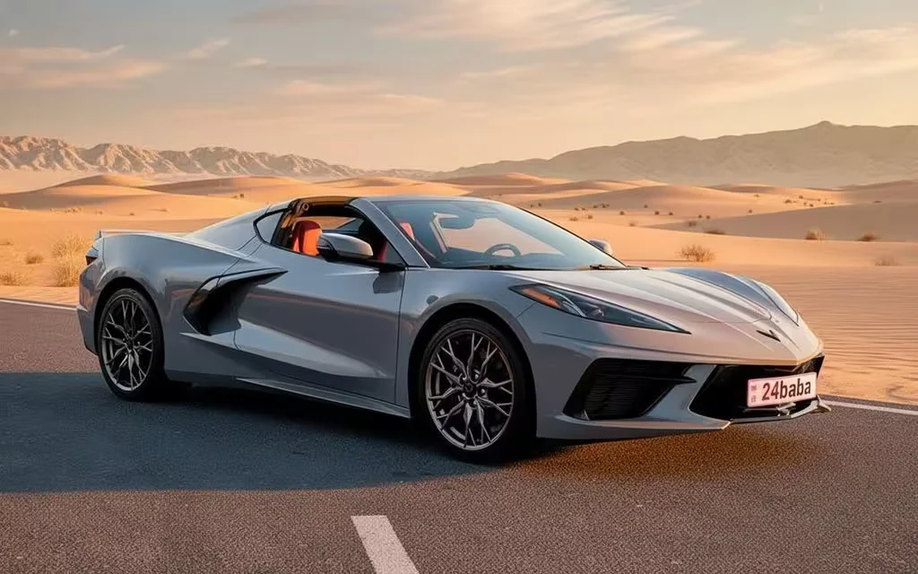Chevrolet Corvette 2024 Grey parked outdoor scene – rental in Dubai