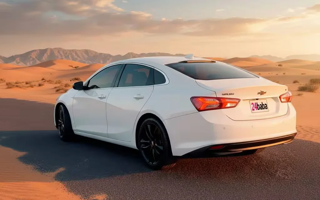 Chevrolet Malibu 2022 White parked outdoor scene – rental in Dubai