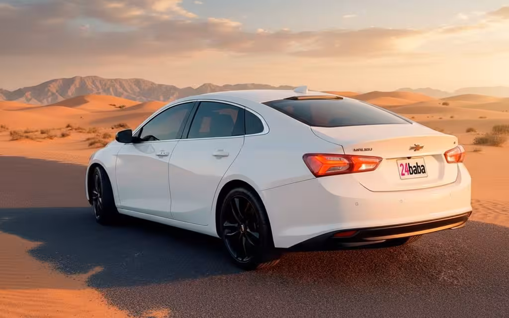 Chevrolet Malibu 2022 White parked outdoor scene – rental in Dubai