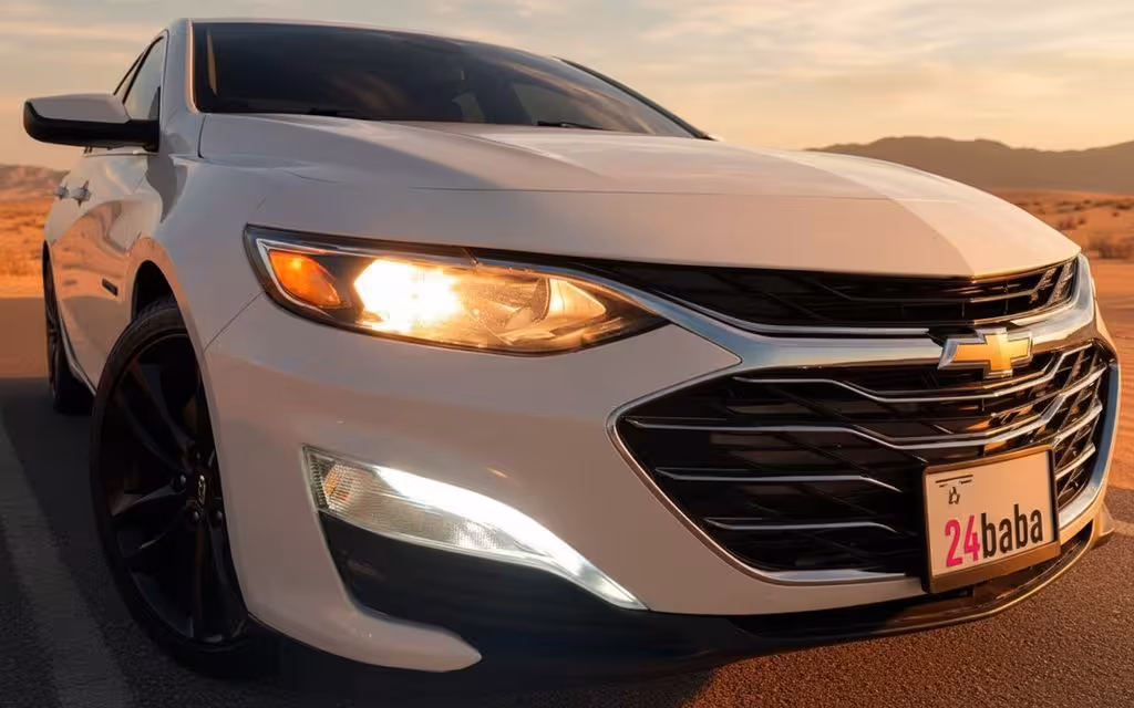 Chevrolet Malibu 2022 model badge close up – rental in Dubai