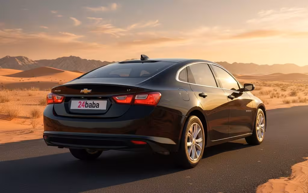 Chevrolet Malibu 2024 Black rear view showing taillights – rental in Dubai