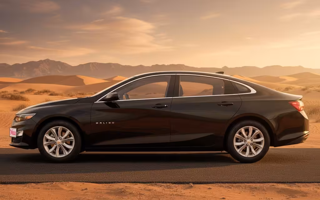 Chevrolet Malibu 2024 Black side profile – rental in Dubai