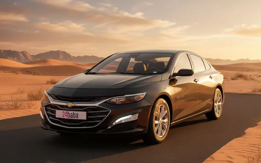 Chevrolet Malibu 2024 Black front view with headlights – rental in Dubai