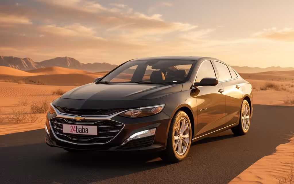 Chevrolet Malibu 2024 Black front view with headlights – rental in Dubai