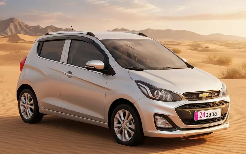 Chevrolet Spark 2020 Silver parked outdoor scene – rental in Dubai