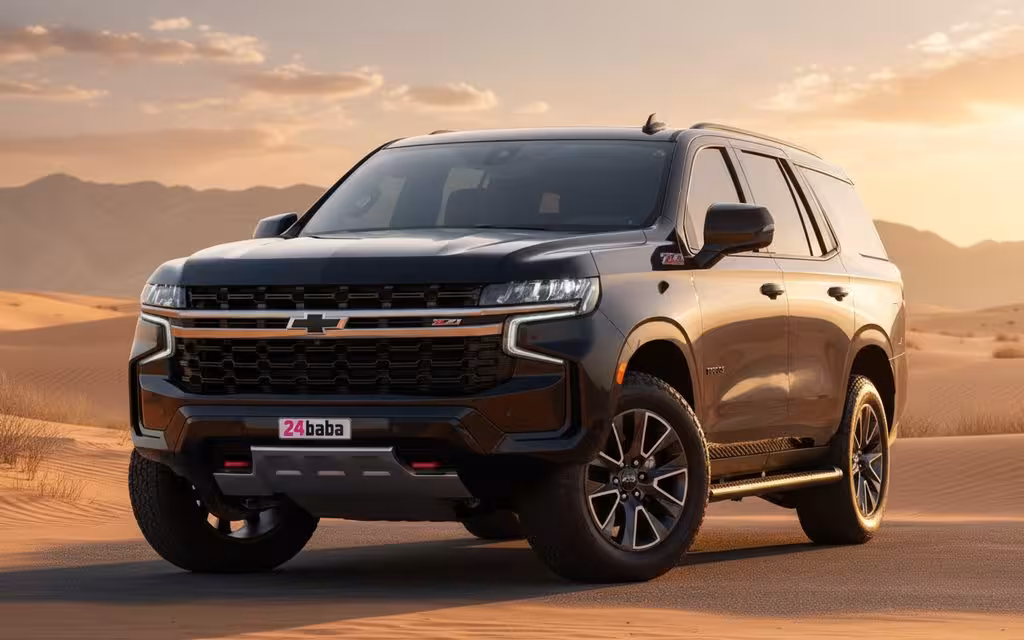 Chevrolet Tahoe 2022 Black front view with headlights – rental in Dubai