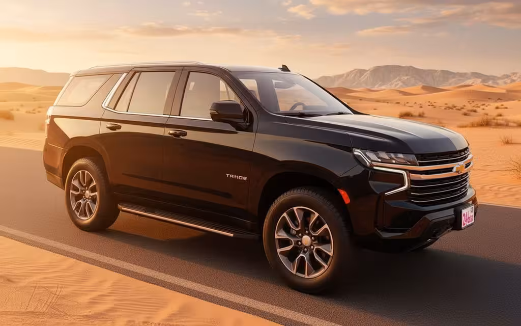 Chevrolet Tahoe 2024 Black parked outdoor scene – rental in Dubai