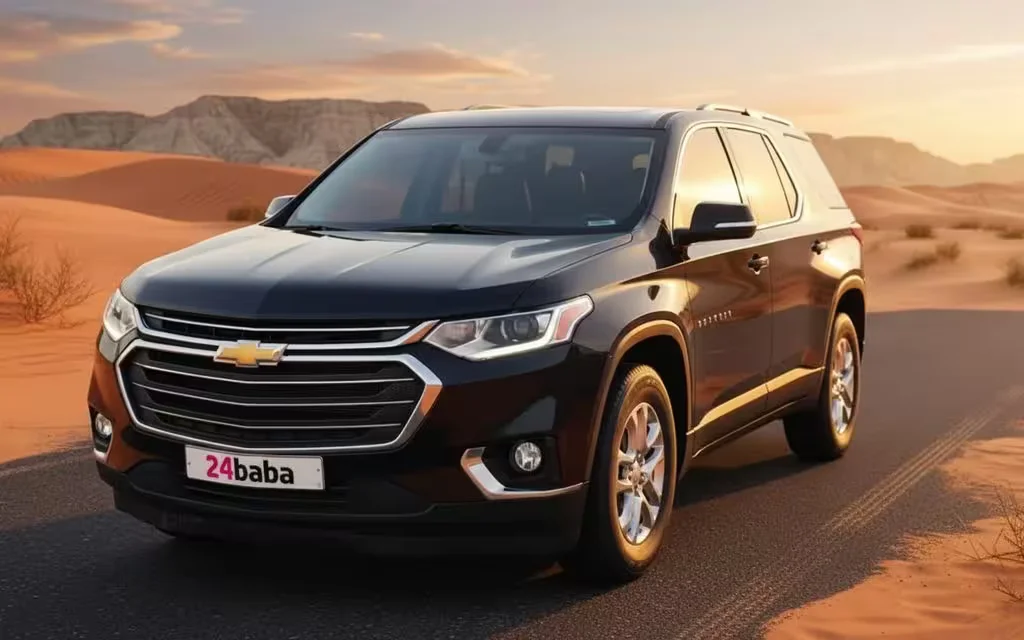 Chevrolet Traverse 2022 Black front view with headlights – rental in Dubai