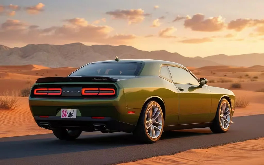 Dodge Challenger 2020 Green rear view showing taillights – rental in Dubai