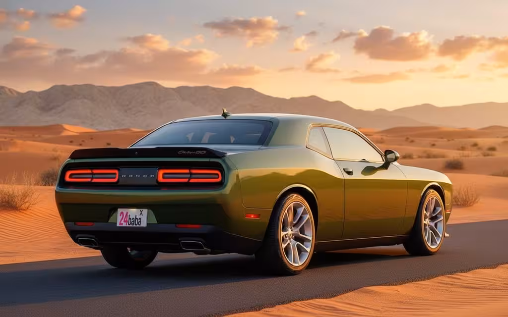 Dodge Challenger 2020 Green rear view showing taillights – rental in Dubai