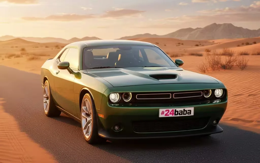 Dodge Challenger 2020 Green parked outdoor scene – rental in Dubai