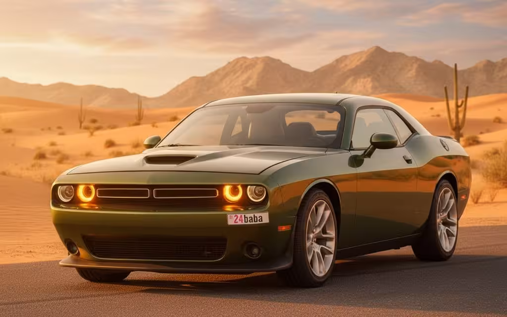 Dodge Challenger 2020 Green front view with headlights – rental in Dubai