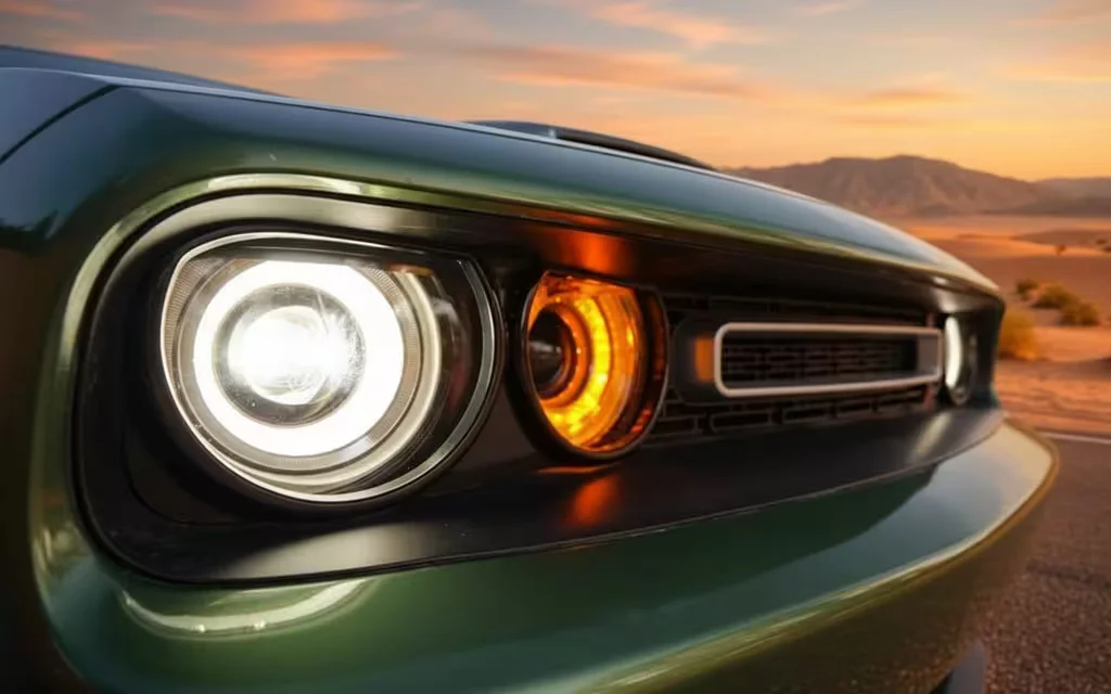 Dodge Challenger 2020 Green front view with headlights – rental in Dubai