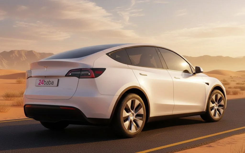 Tesla Model Y 2022 White rear view showing taillights