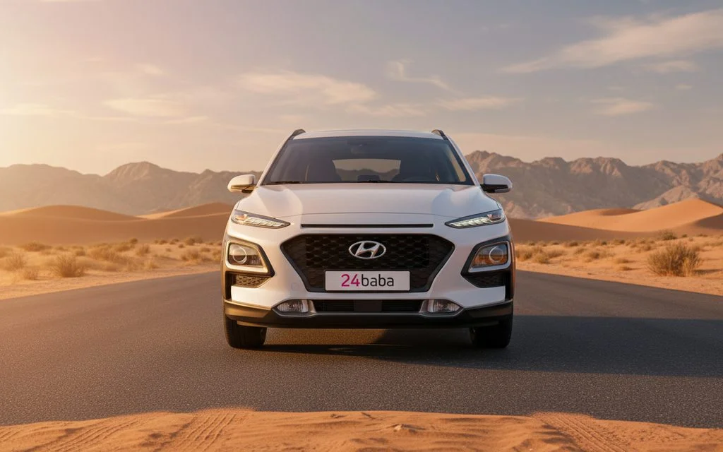 Hyundai Kona 2020 White front view with headlights – rental in Dubai