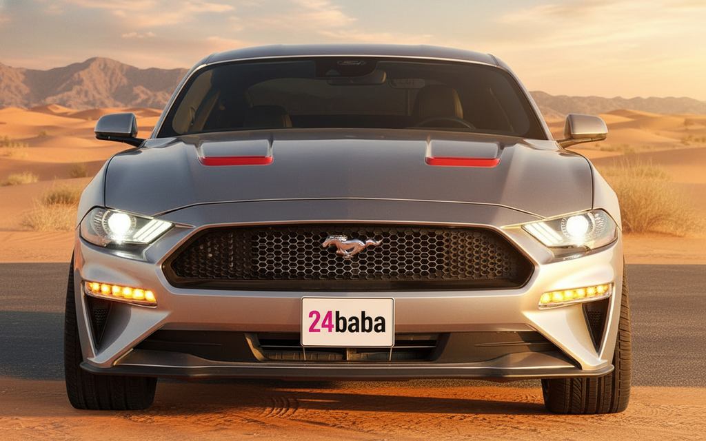 Ford Mustang 2021 Grey front view with headlights – rental in Dubai