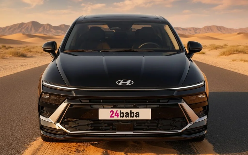 Hyundai Sonata 2024 Black front view with headlights – rental in Dubai