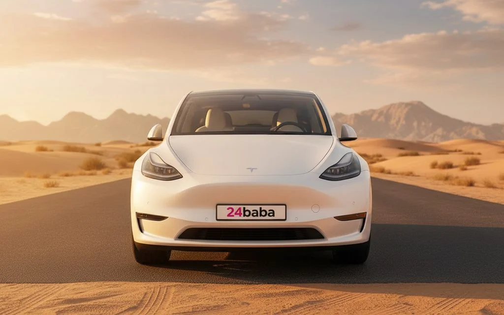 Tesla Model Y 2022 White front view with headlights