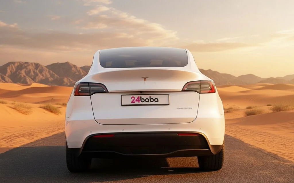 Tesla Model Y 2022 White rear view showing taillights
