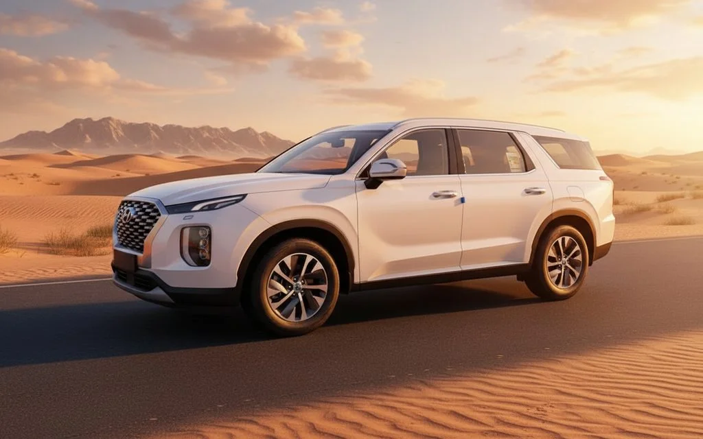 Hyundai Palisade 2022 White front view with headlights – rental in Dubai
