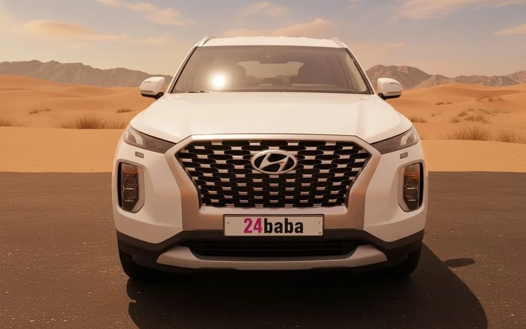 Hyundai Palisade 2022 White front view with headlights – rental in Dubai