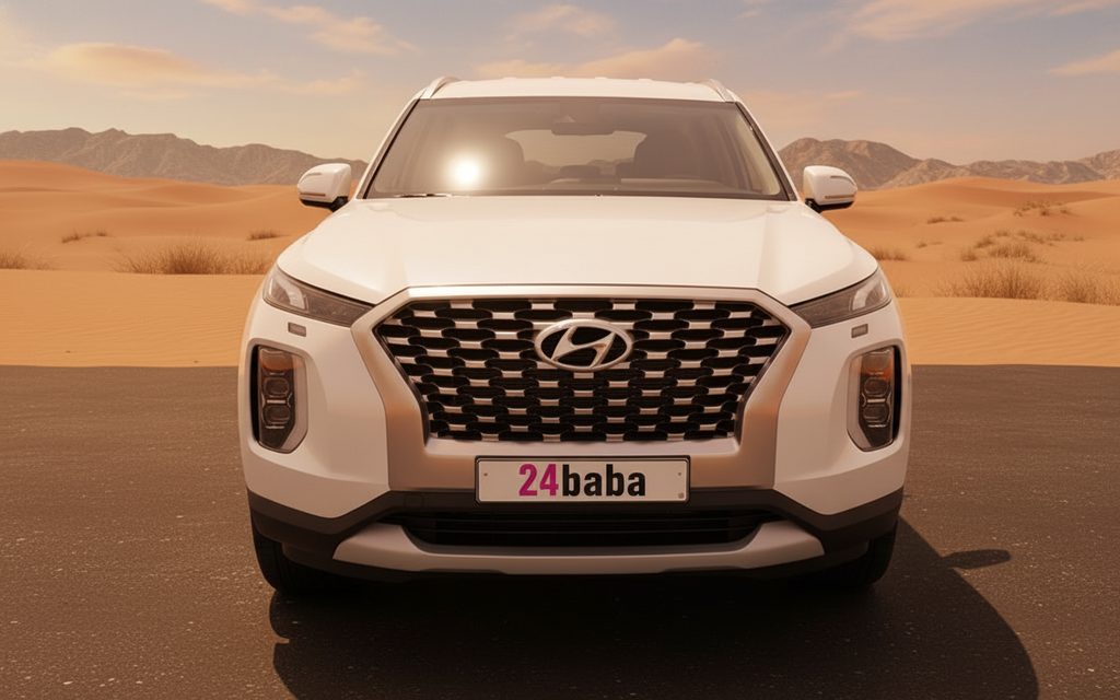 Hyundai Palisade 2022 White front view with headlights – rental in Dubai