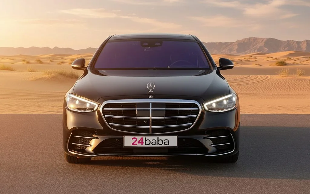 Mercedes S500 2023 Black front view with headlights