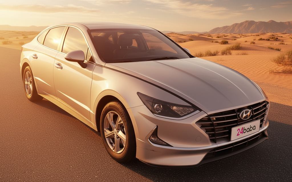 Hyundai Sonata 2023 Silver front view with headlights – rental in Dubai