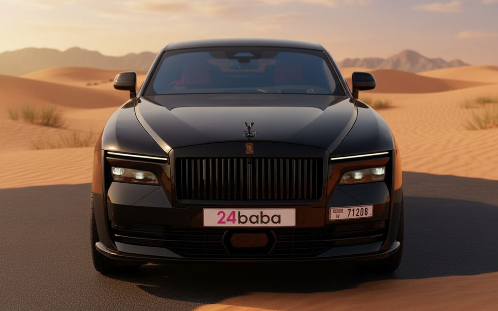 RollsRoyce Spectre 2024 Black front view with headlights – rental in Dubai