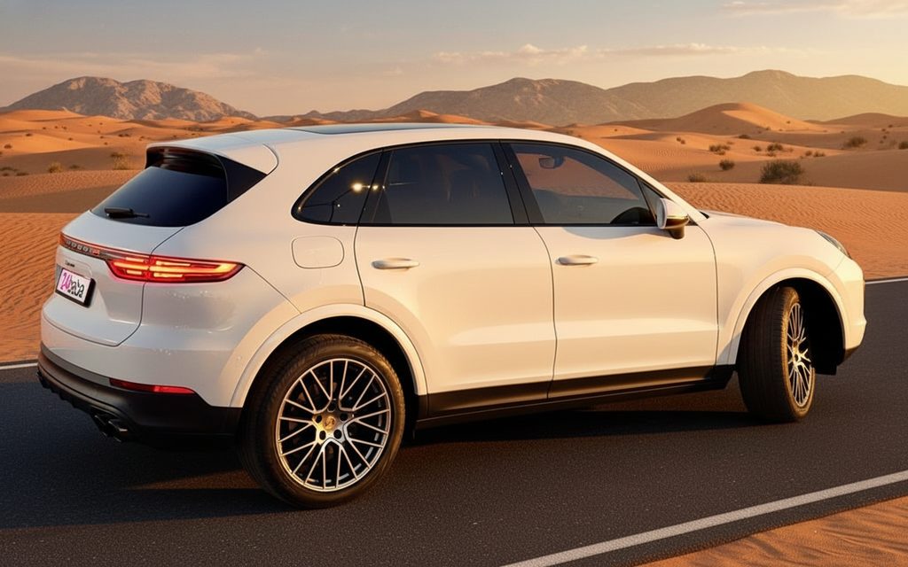 Porsche Cayenne 2023 White rear view showing taillights – rental in Dubai