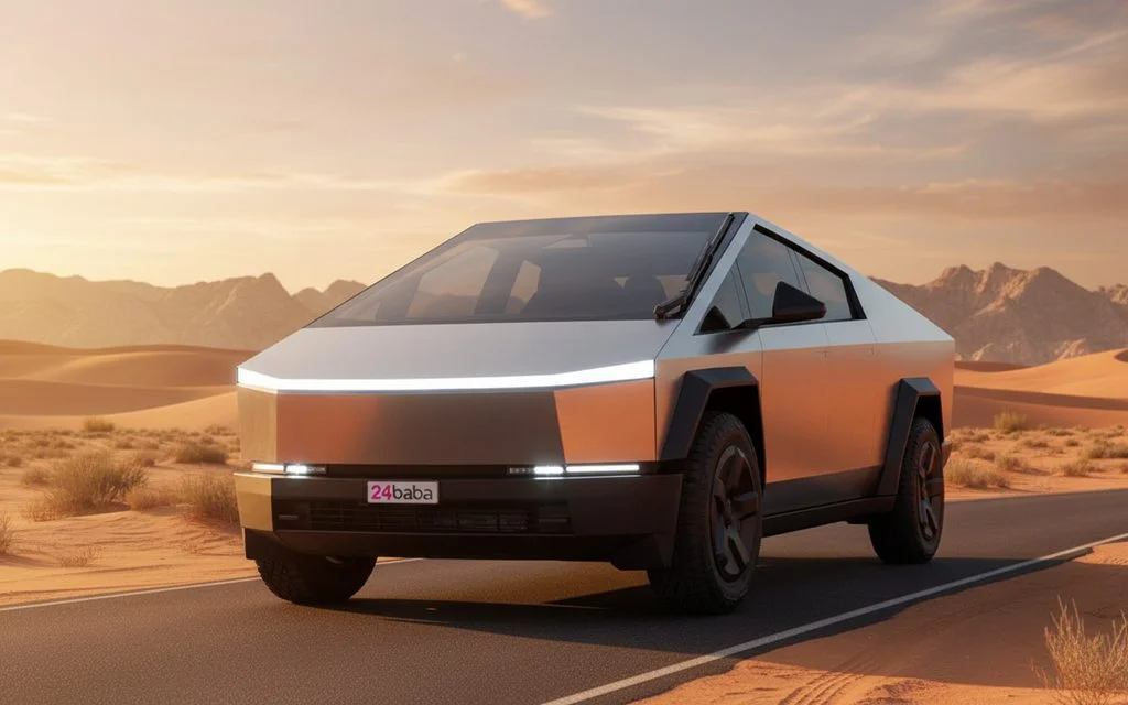 Tesla Cybertruck 2024 Silver front view with headlights