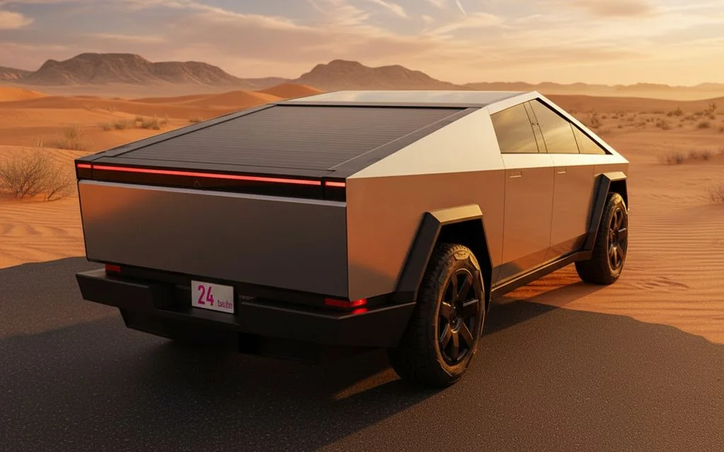 Tesla Cybertruck 2024 Silver rear view showing taillights