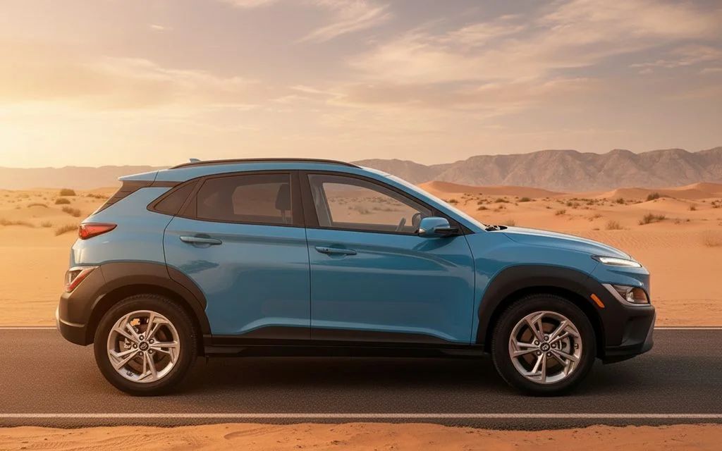 Hyundai Kona 2023 Blue side profile – rental in Dubai