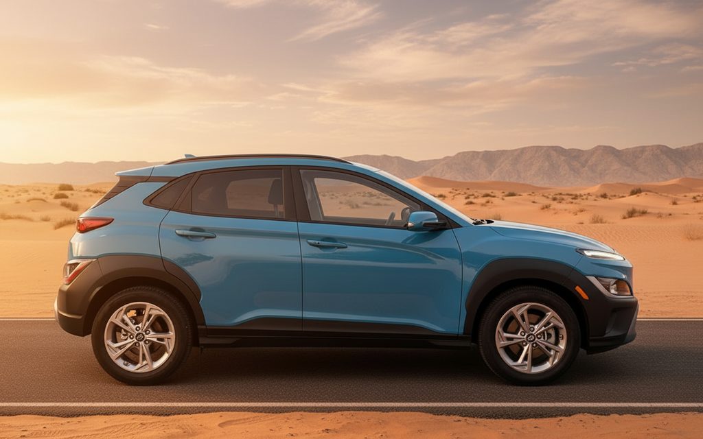 Hyundai Kona 2023 Blue side profile – rental in Dubai
