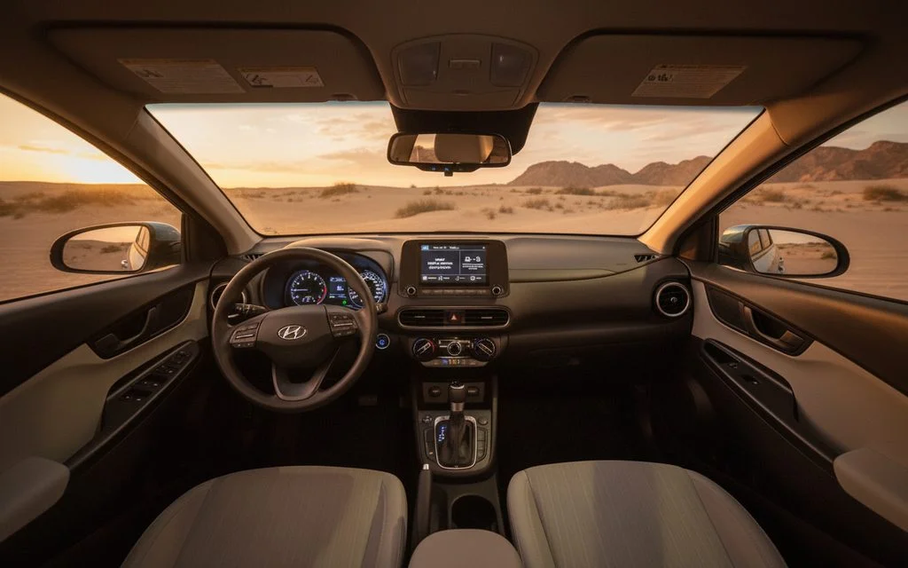 Hyundai Kona 2023 interior view showing trim – rental in Dubai