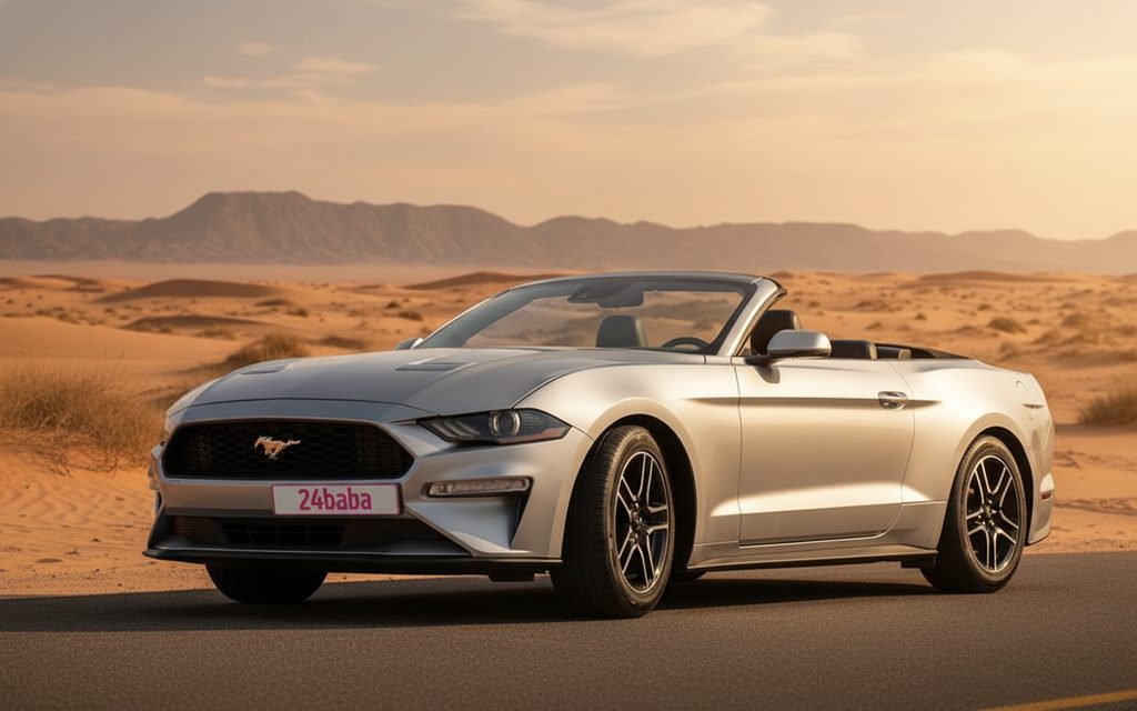 Ford Mustang 2023 Silver front view with headlights – rental in Dubai