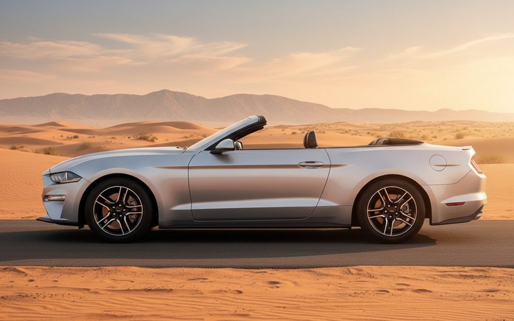 Ford Mustang 2023 Silver side profile – rental in Dubai