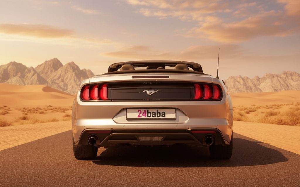 Ford Mustang 2023 Silver rear view showing taillights – rental in Dubai