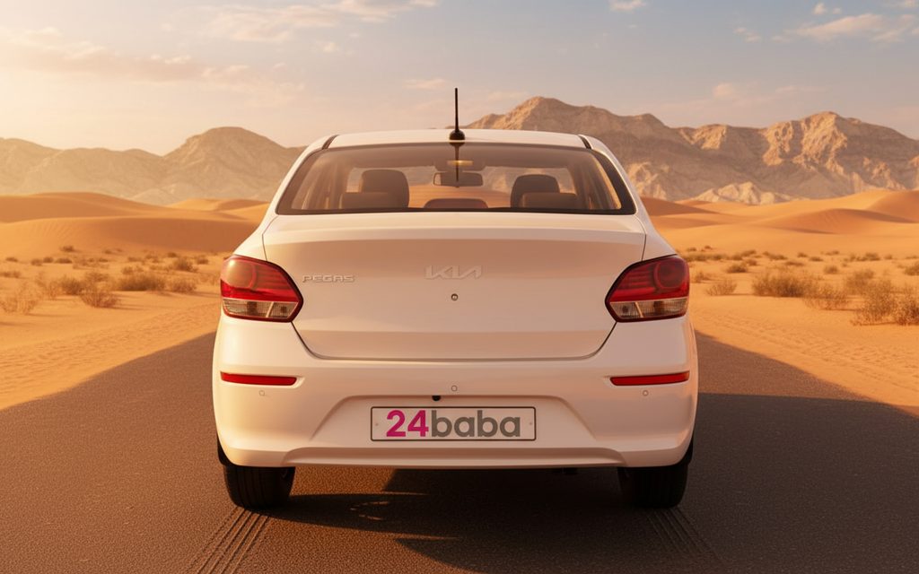 Kia Pegas 2025 White rear view showing taillights